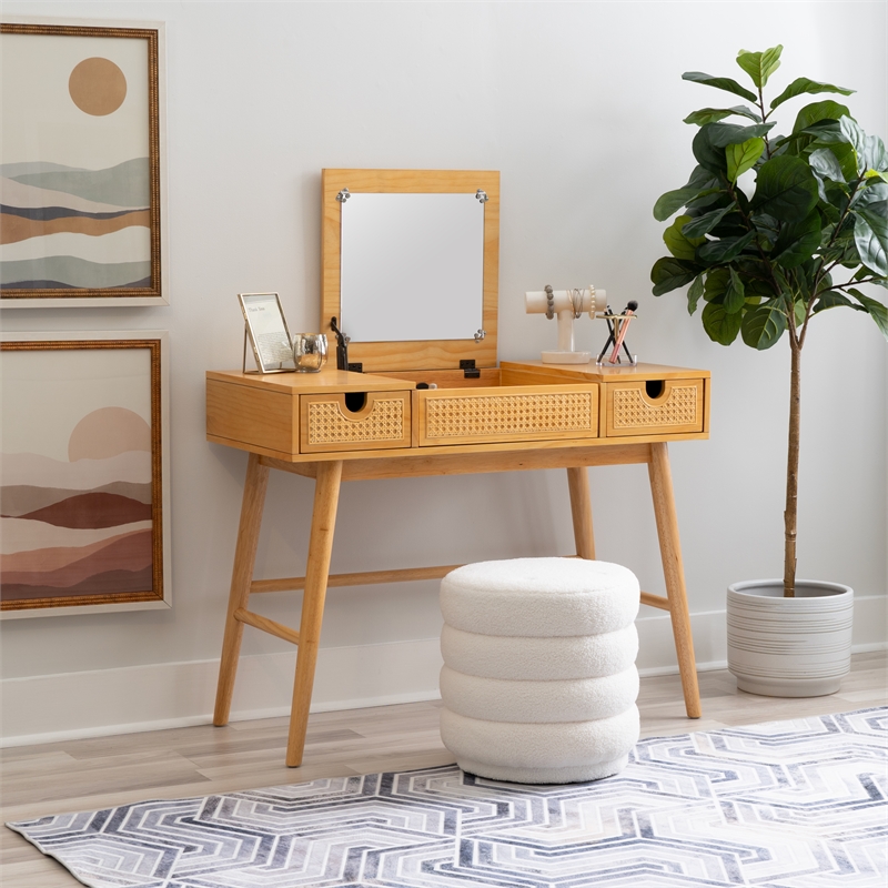 Cecilia Make Up Vanity with Flip Up Mirror and Drawers in Natural Wood