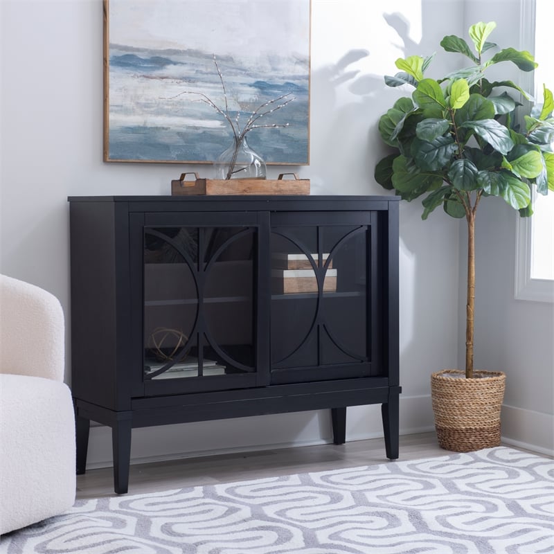 Monroe Accent Cabinet with Glass Sliding Doors in Midnight Blue Wood