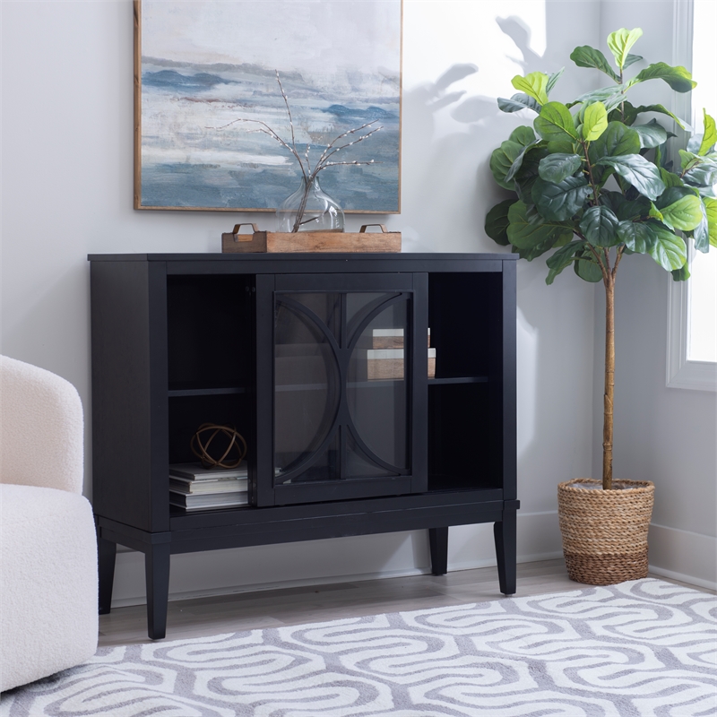 Monroe Accent Cabinet with Glass Sliding Doors in Midnight Blue Wood