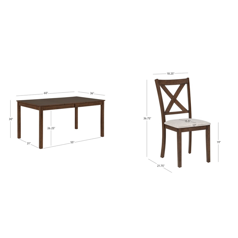 Warren 5 Piece Dining Set with 4 Upholstered Chairs in Warm Brown Wood