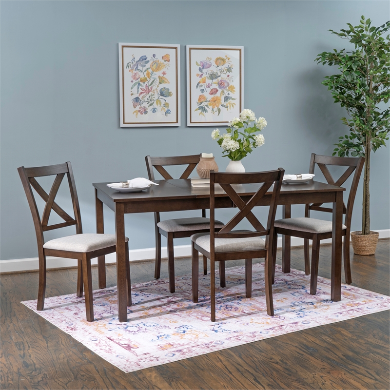 Warren 5 Piece Dining Set with 4 Upholstered Chairs in Warm Brown Wood