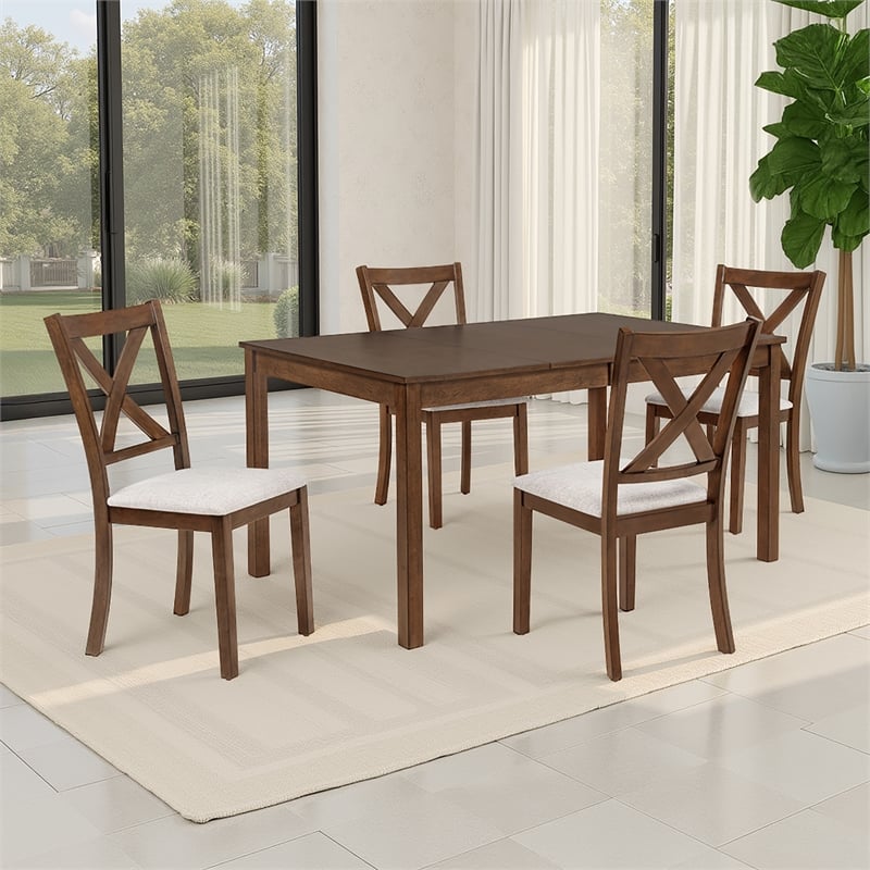 Warren 5 Piece Dining Set with 4 Upholstered Chairs in Warm Brown Wood