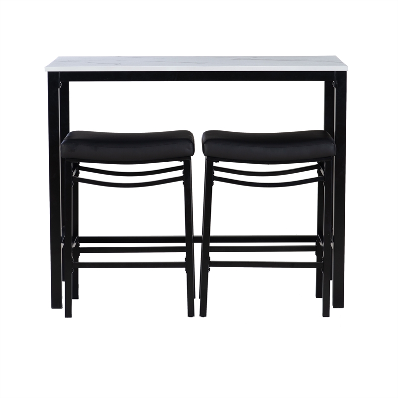 Betty 3 Piece Faux Marble Pub Set with 2 Padded Stools in Black Steel