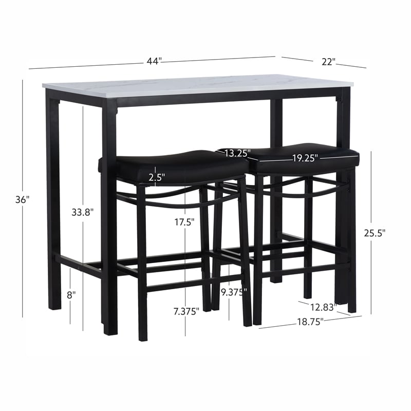Betty 3 Piece Faux Marble Pub Set with 2 Padded Stools in Black Steel