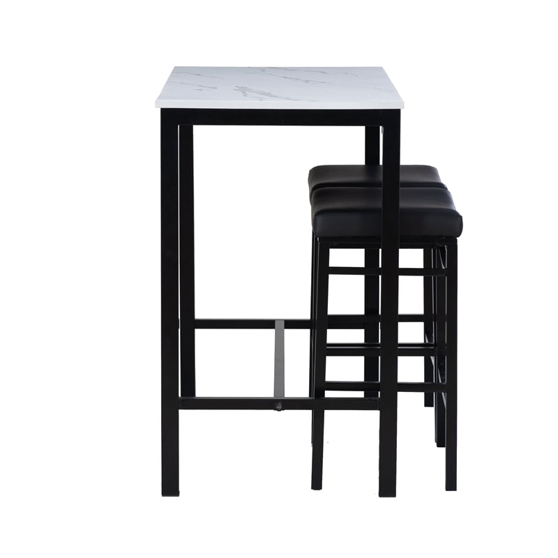 Betty 3 Piece Faux Marble Pub Set with 2 Padded Stools in Black Steel