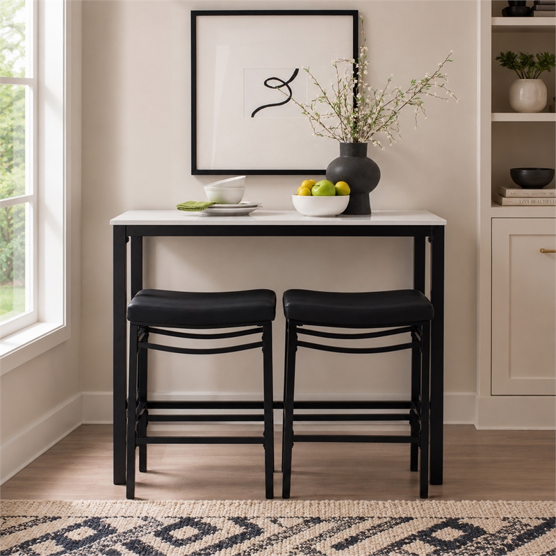 Betty 3 Piece Faux Marble Pub Set with 2 Padded Stools in Black Steel