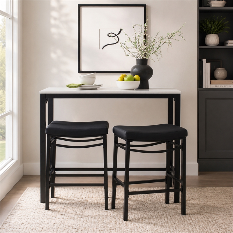 Betty 3 Piece Faux Marble Pub Set with 2 Padded Stools in Black Steel
