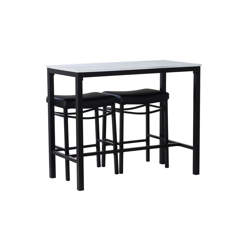 Betty 3 Piece Faux Marble Pub Set with 2 Padded Stools in Black Steel
