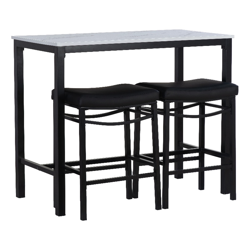 Betty 3 Piece Faux Marble Pub Set with 2 Padded Stools in Black Steel