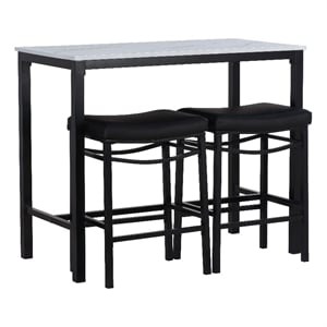 Betty 3 Piece Faux Marble Pub Set with 2 Padded Stools in Black Steel