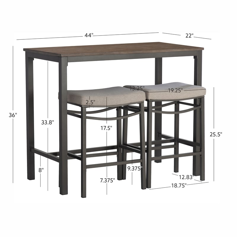 Betty 3 Piece Pub Set with 2 Upholstered Backless Stools in Pewter Steel
