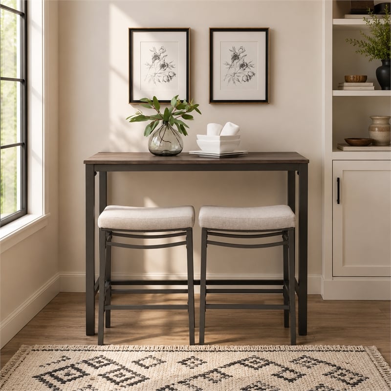 Betty 3 Piece Pub Set with 2 Upholstered Backless Stools in Pewter Steel
