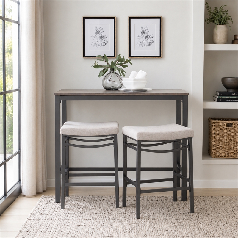 Betty 3 Piece Pub Set with 2 Upholstered Backless Stools in Pewter Steel