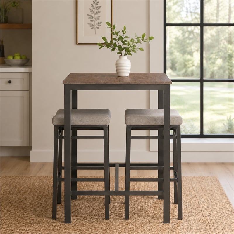 Betty 3 Piece Pub Set with 2 Upholstered Backless Stools in Pewter Steel