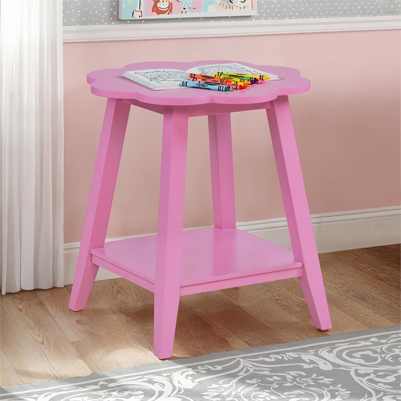 Natalia Flower Scalloped Edge Side Table with Lower Shelf in Pink Wood