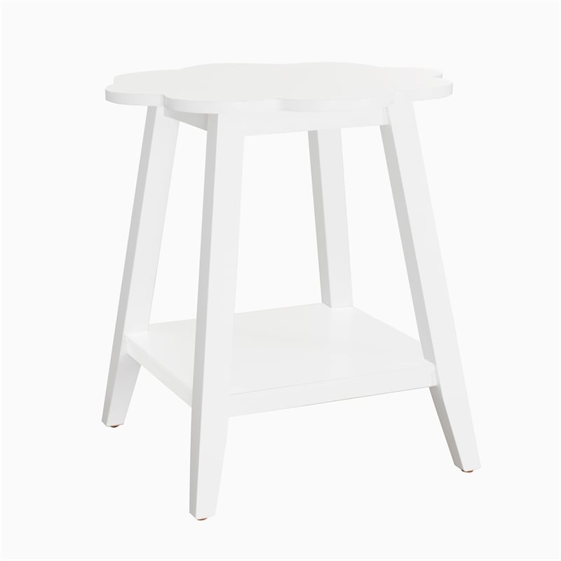 Natalia Flower Scalloped Edge Side Table with Lower Shelf in White Wood