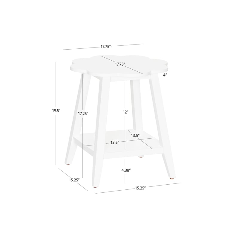 Natalia Flower Scalloped Edge Side Table with Lower Shelf in White Wood