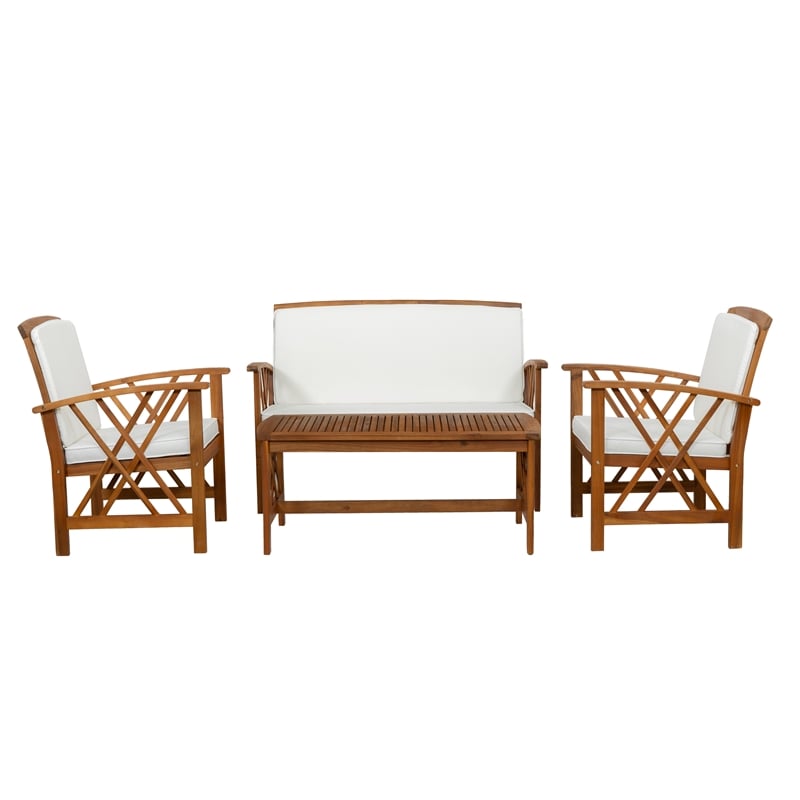 Jubil 4 Piece Outdoor Set with White Cushions and Brown Acacia Wood Frame