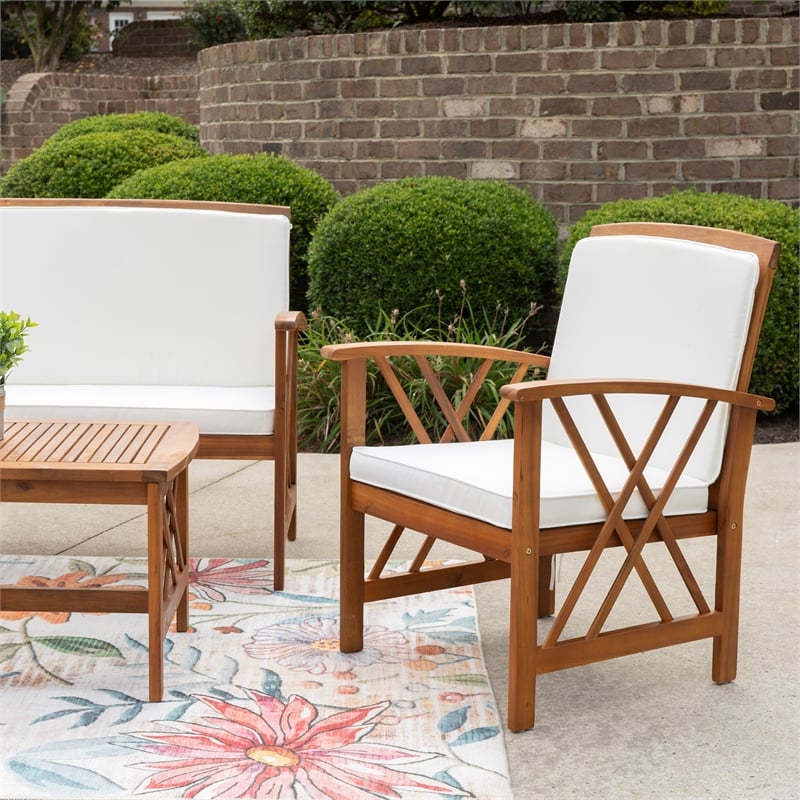Jubil 4 Piece Outdoor Set with White Cushions and Brown Acacia Wood Frame