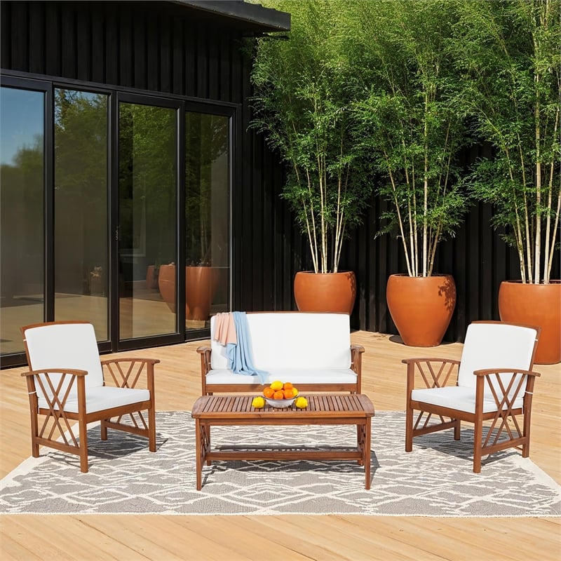 Jubil 4 Piece Outdoor Set with White Cushions and Brown Acacia Wood Frame