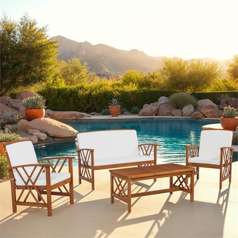Jubil 4 Piece Outdoor Set with White Cushions and Brown Acacia Wood Frame