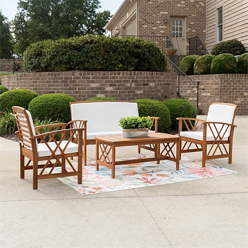 Jubil 4 Piece Outdoor Set with White Cushions and Brown Acacia Wood Frame