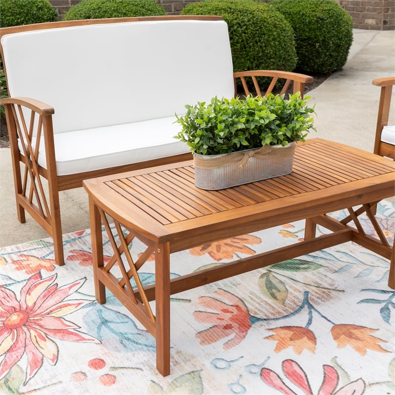 Jubil 4 Piece Outdoor Set with White Cushions and Brown Acacia Wood Frame