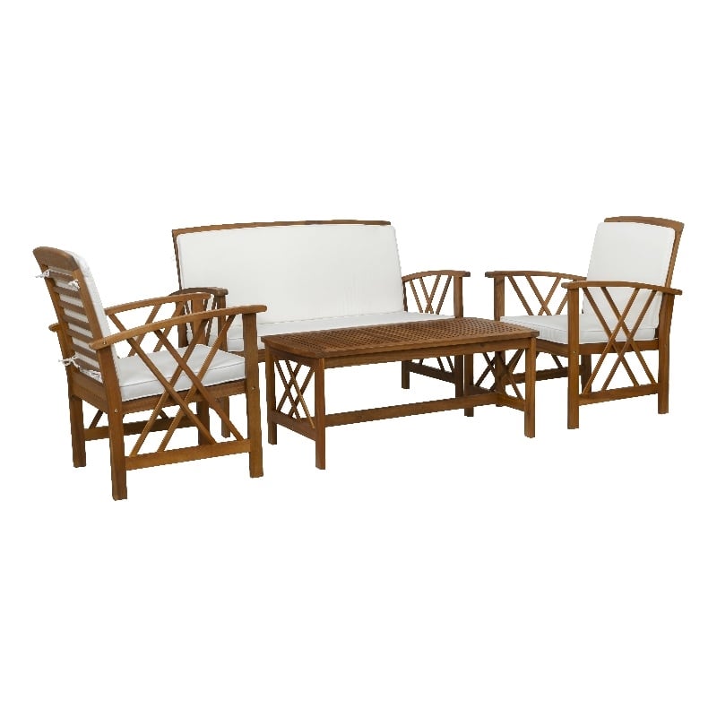 Jubil 4 Piece Outdoor Set with White Cushions and Brown Acacia Wood Frame