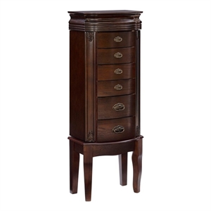 Linon Joelle Jewelry Armoire Storage 6 Drawers & Mirror in Espresso Stained Wood