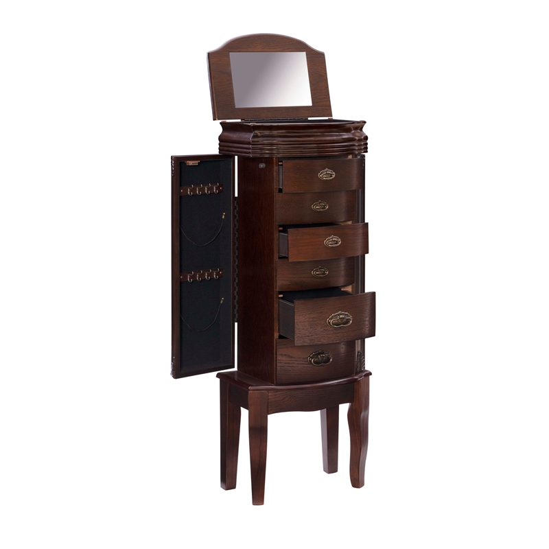 Linon Joelle Jewelry Armoire Storage 6 Drawers & Mirror in Espresso Stained Wood