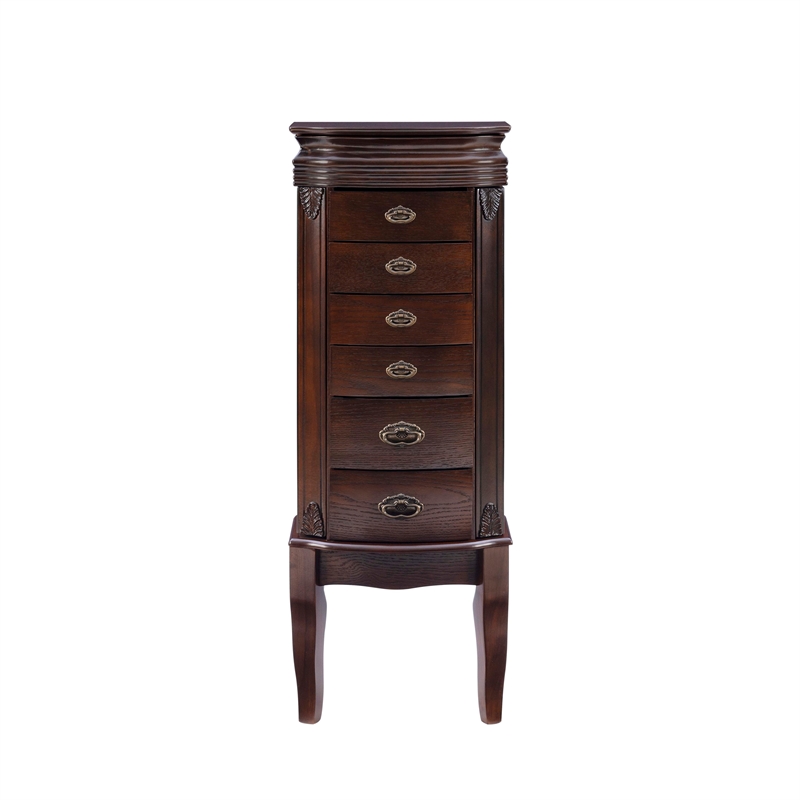 Linon Joelle Jewelry Armoire Storage 6 Drawers & Mirror in Espresso Stained Wood