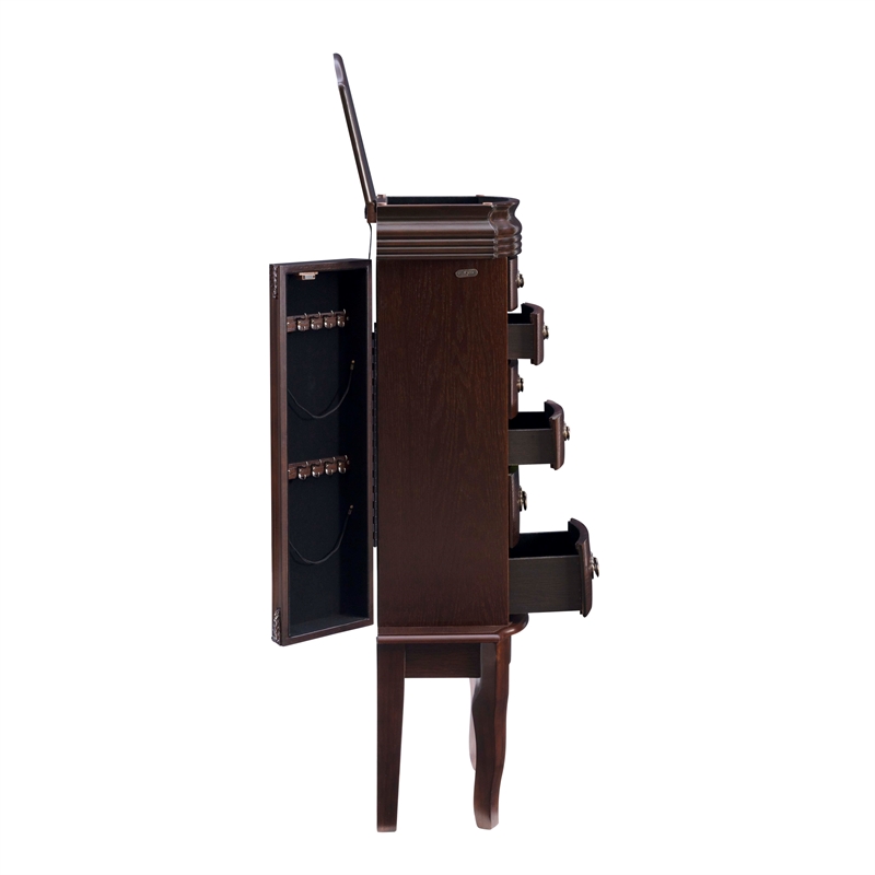 Linon Joelle Jewelry Armoire Storage 6 Drawers & Mirror in Espresso Stained Wood