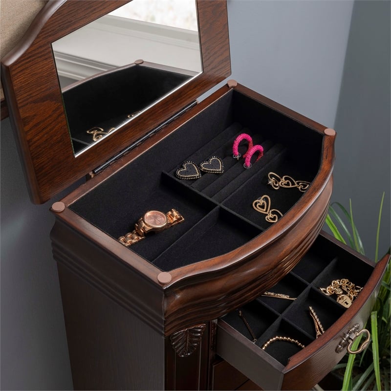 Linon Joelle Jewelry Armoire Storage 6 Drawers & Mirror in Espresso Stained Wood