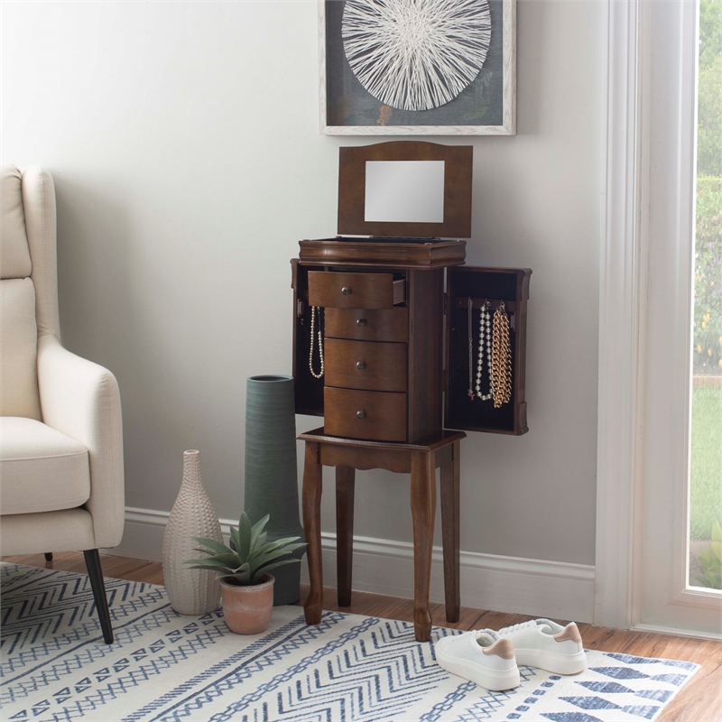 Linon Louis Philippe Jewelry Armoire 4 Drawers in Walnut Finished Wood