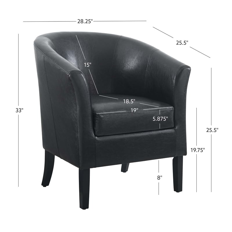 Linon Simon Upholstered Club Chair High Arms Deep Seat in Black Faux Leather