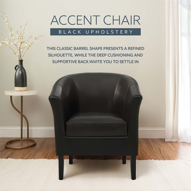 Linon Simon Upholstered Club Chair High Arms Deep Seat in Black Faux Leather