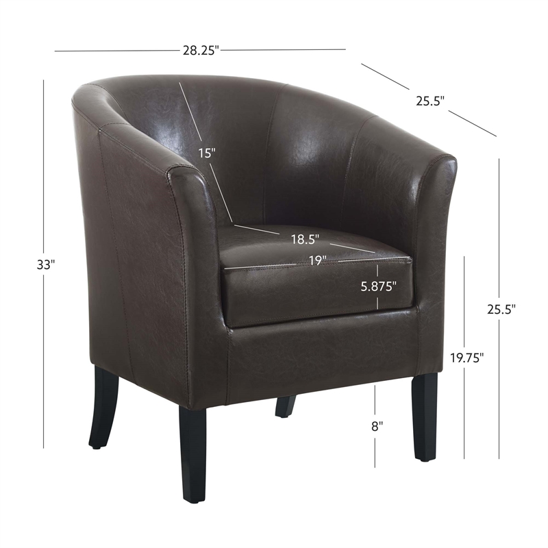 Linon Simon Upholstered Club Chair High Arms Deep Seat in Brown Faux Leather