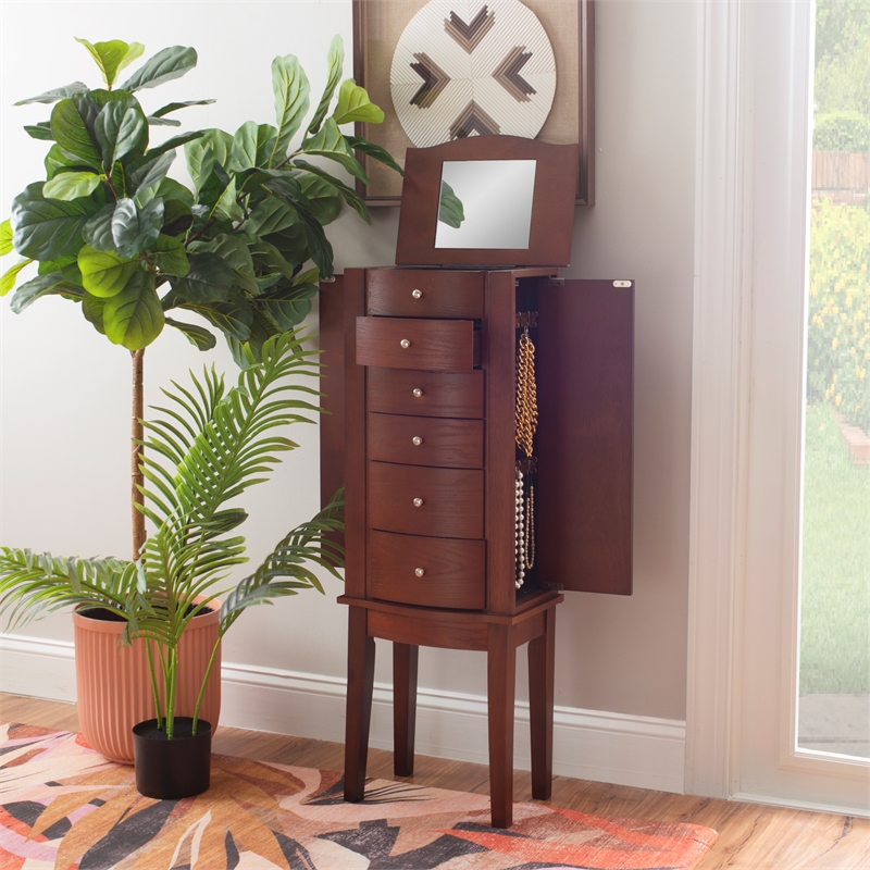 Linon Linnett Jewelry Armoire 5 Drawers Flip Top Mirror in Merlot Finished Wood