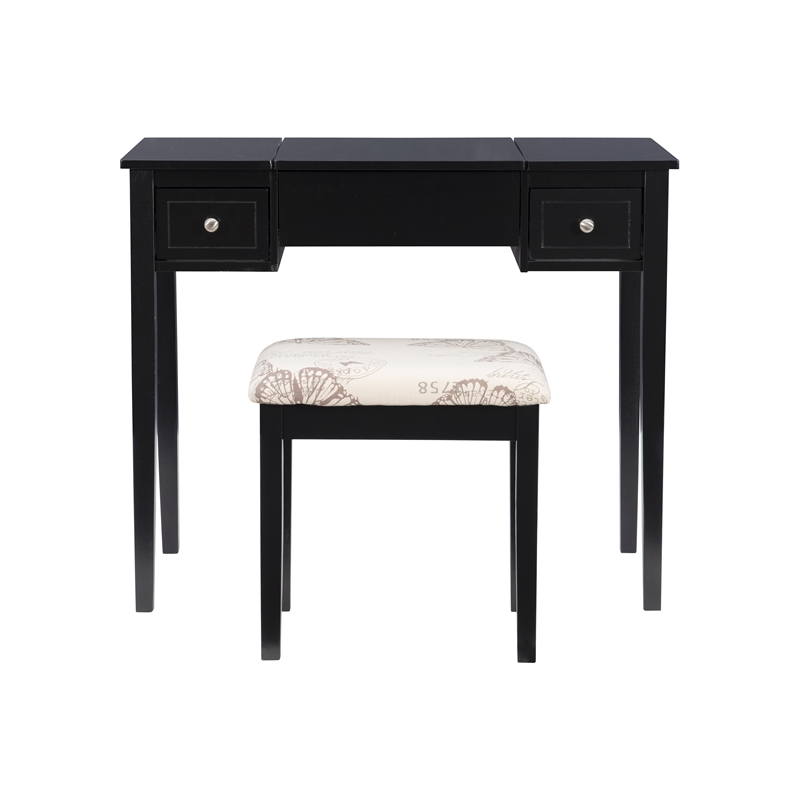 Linon Butterfly Vanity and Padded Stool Flip Up Mirror 2 Drawers in Black Wood