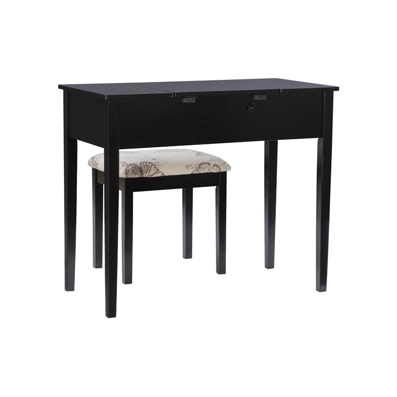 Linon Butterfly Vanity and Padded Stool Flip Up Mirror 2 Drawers in Black Wood