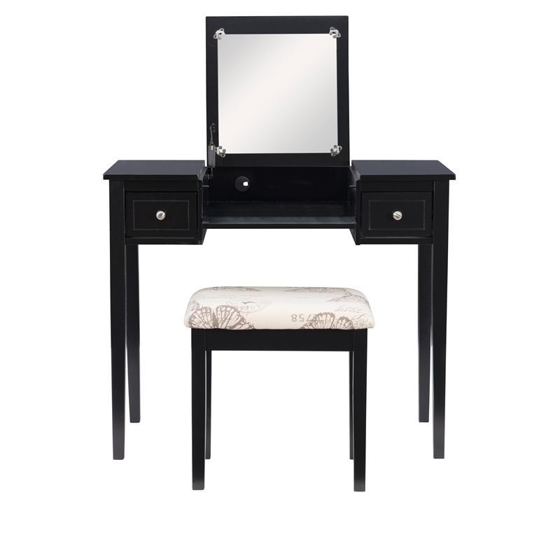 Linon Butterfly Vanity and Padded Stool Flip Up Mirror 2 Drawers in Black Wood