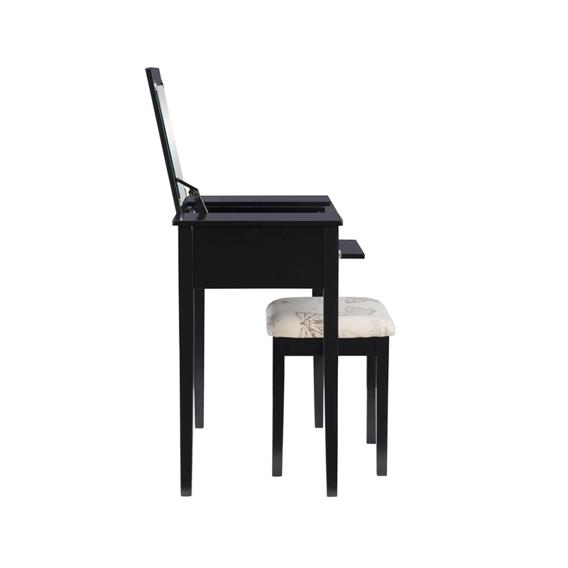 Linon Butterfly Vanity and Padded Stool Flip Up Mirror 2 Drawers in Black Wood