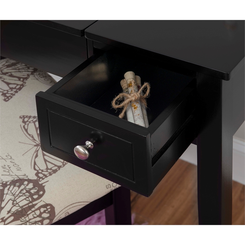Linon Butterfly Vanity and Padded Stool Flip Up Mirror 2 Drawers in Black Wood