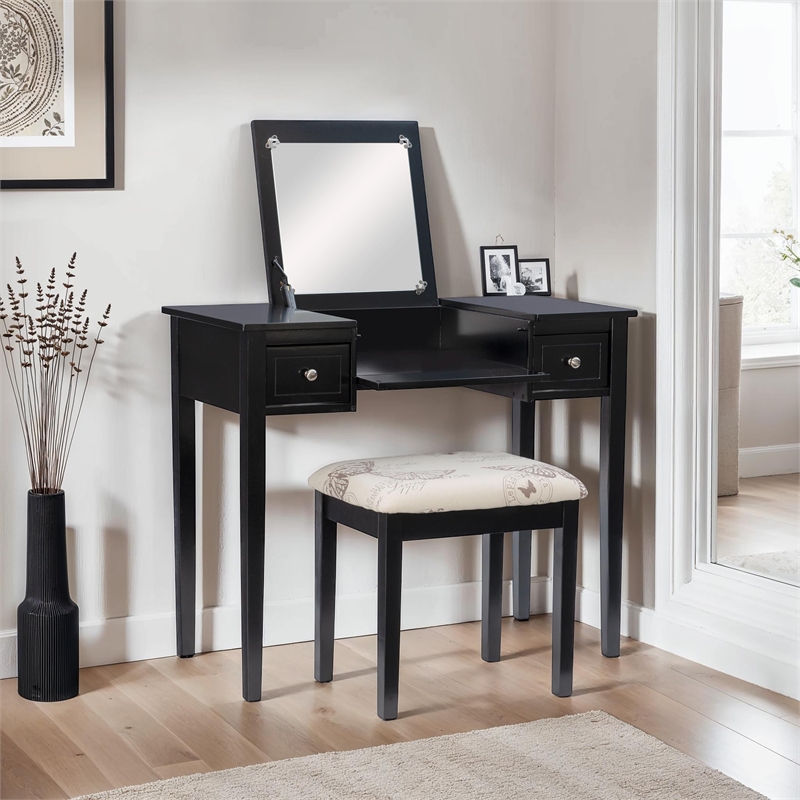 Linon Butterfly Vanity and Padded Stool Flip Up Mirror 2 Drawers in Black Wood