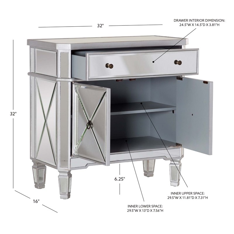 Linon Mason Mirrored Wood One Drawer Two Door Console Table in Gray