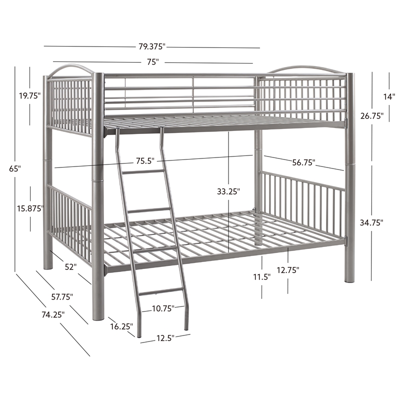 Linon Heavy Metal Full Over Full Bunk Bed Attached Ladder in Pewter Finish