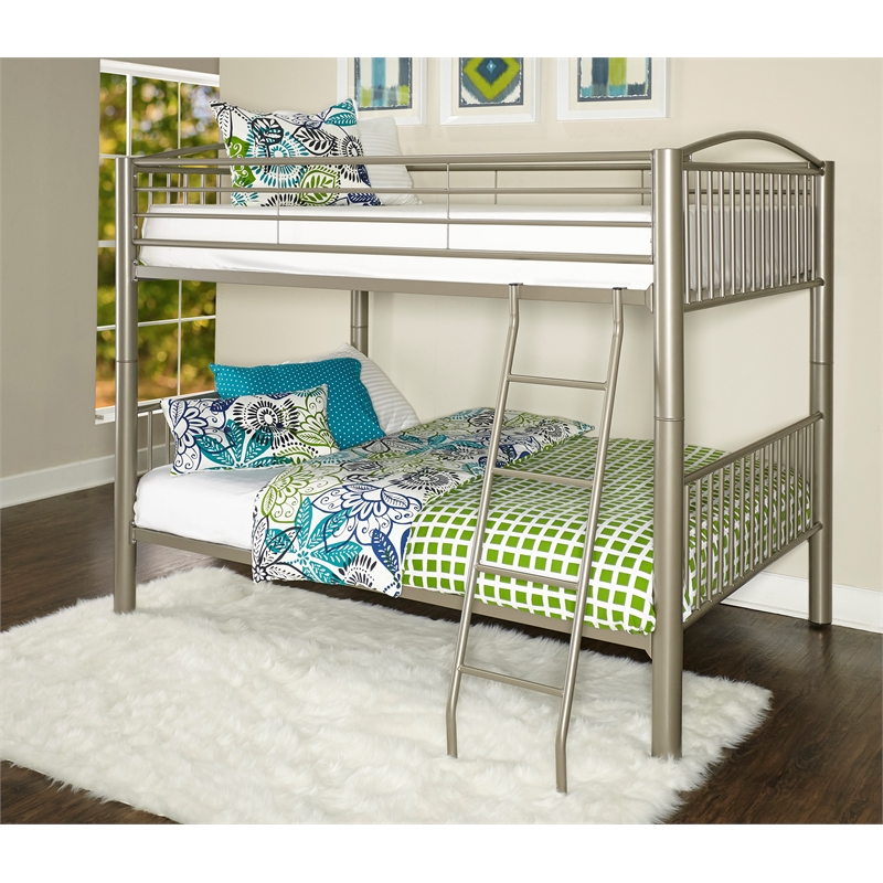 Linon Heavy Metal Full Over Full Bunk Bed Attached Ladder in Pewter Finish