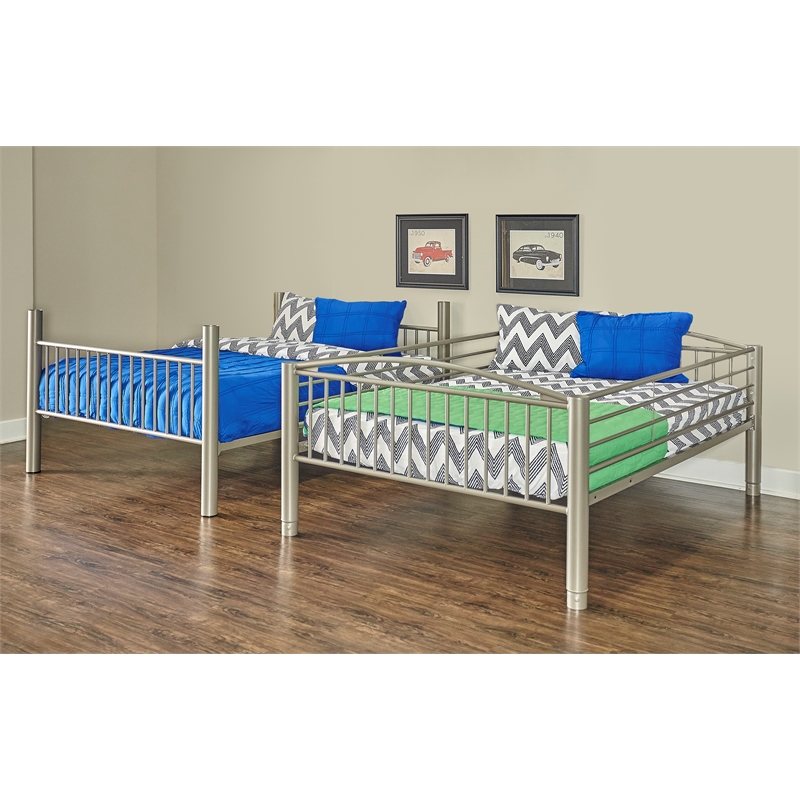 Linon Heavy Metal Full Over Full Bunk Bed Attached Ladder in Pewter Finish