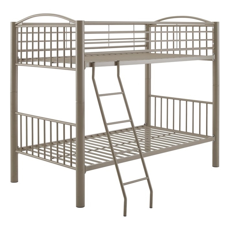 Linon Heavy Metal Twin Over Twin Bunk Bed Attached Ladder in Pewter Finish