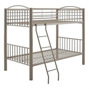 Linon Heavy Metal Twin Over Twin Bunk Bed Attached Ladder in Pewter Finish